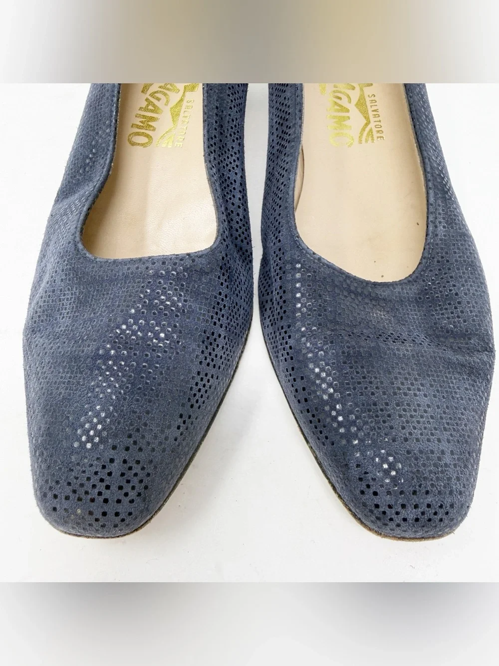 Salvatore Ferragamo Blue Perforated Suede Low Heel Pumps Womens Size 8 Italy